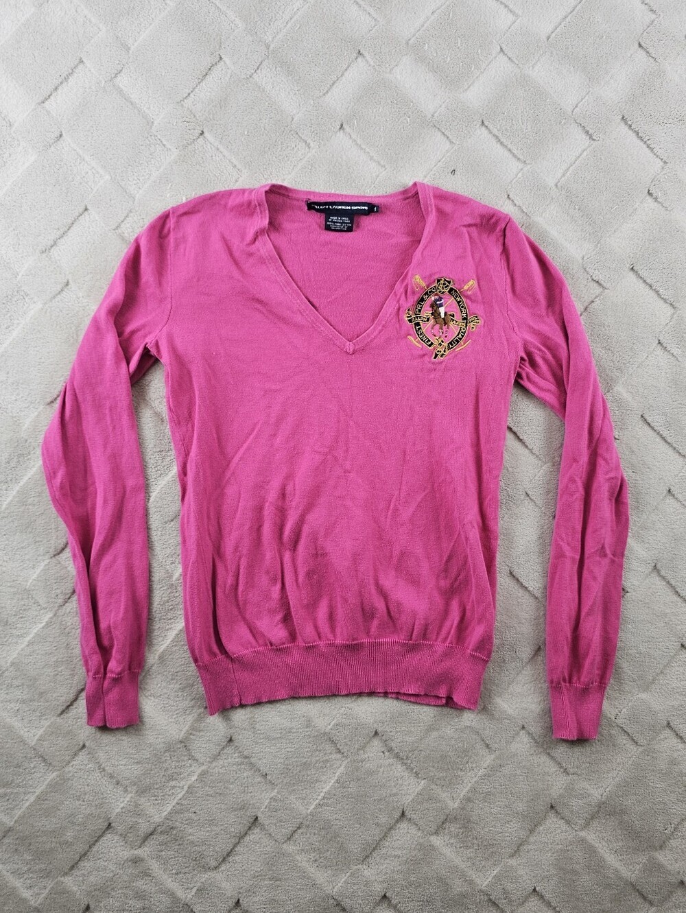 Ralph Lauren Sport V-Neck Sweater Womens Small Hot Pink with Embroidered Crest